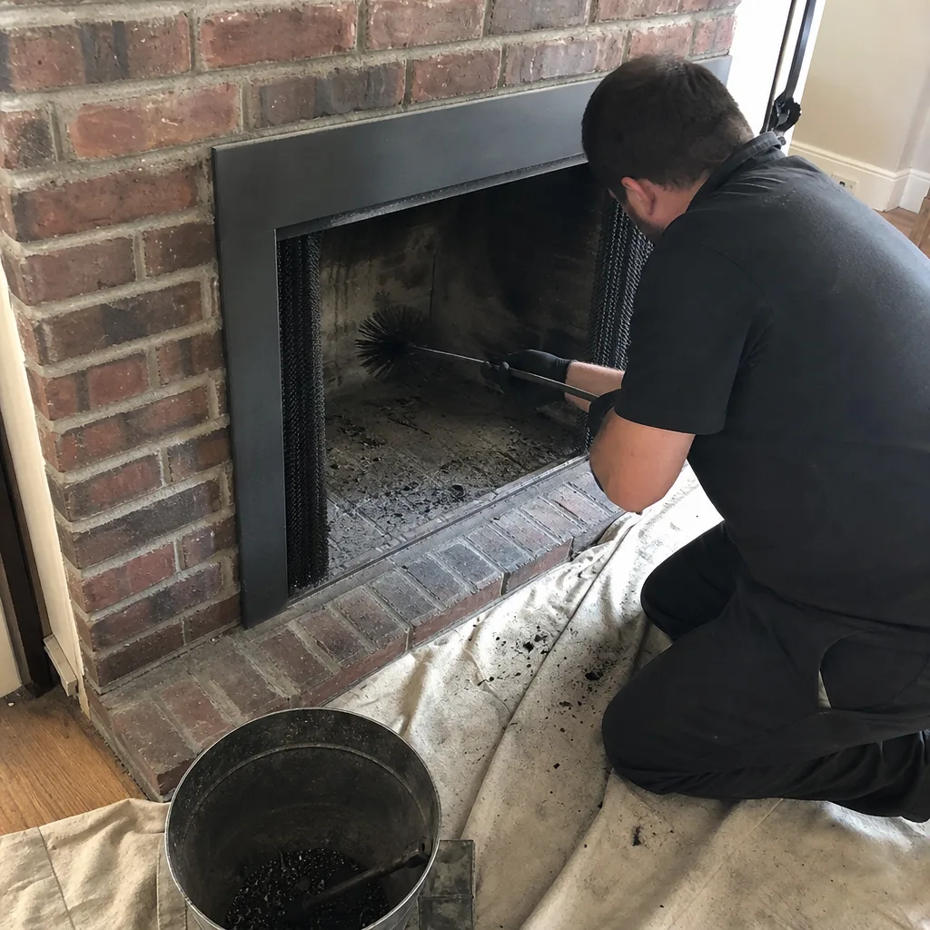 Professional chimney sweep cleaning soot inside a brick fireplace