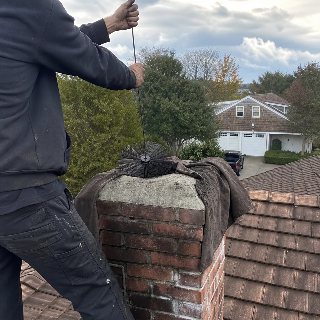 Professional chimney sweep cleaning a brick chimney flue from a residential roof
