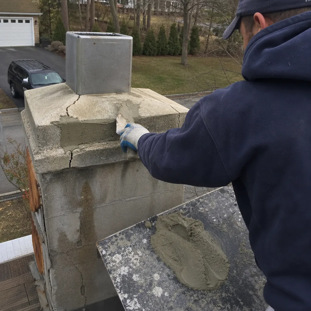 Professional technician repairing a damaged chimney crown with mortar on a roof