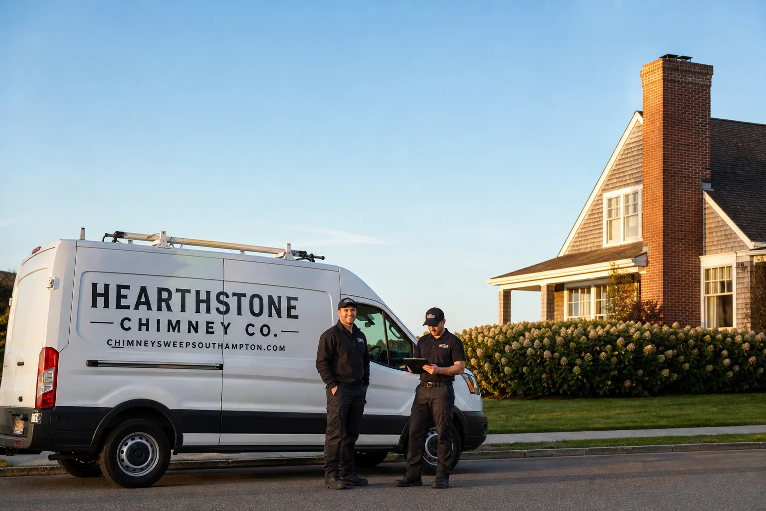 Hearthstone Chimney Co. chimney cleaning service vehicle and crew in Southampton, NY